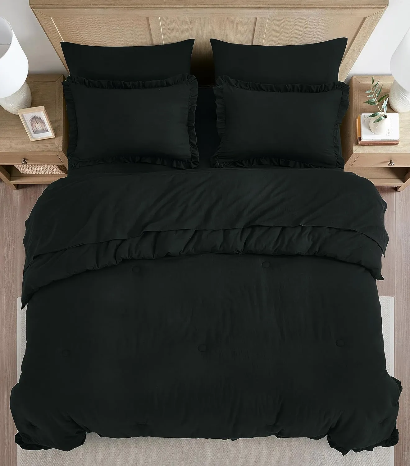 Chezmoi Collection Eleanora Twin Bed in a Bag 5-Pieces Ruffled Edge Trim Stone Washed Double Brushed Microfiber Comforter with Sheets Lightweight All Season Bedding Set (Twin, Black)