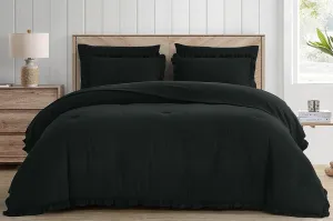Chezmoi Collection Eleanora Twin Bed in a Bag 5-Pieces Ruffled Edge Trim Stone Washed Double Brushed Microfiber Comforter with Sheets Lightweight All Season Bedding Set (Twin, Black)