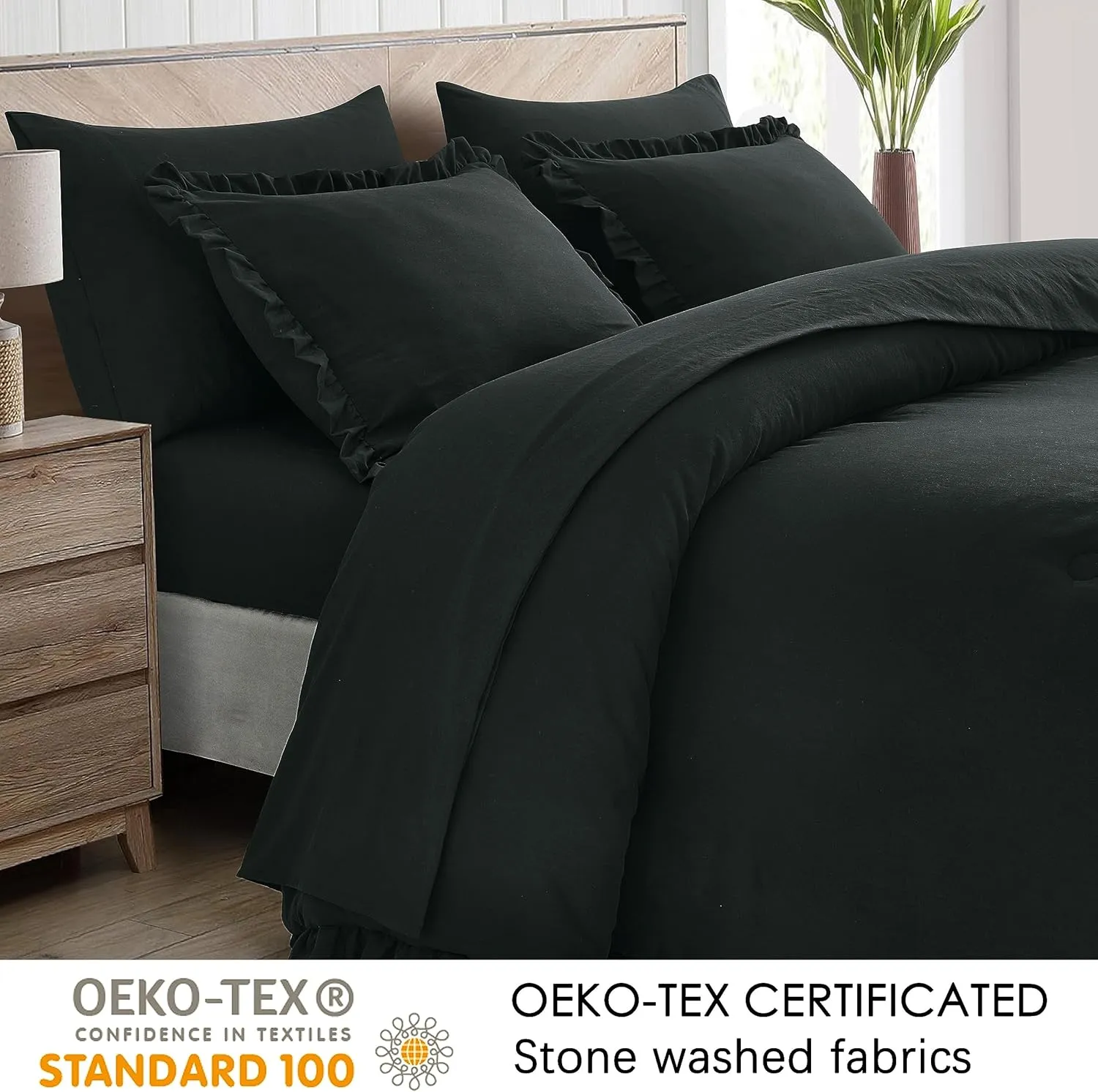 Chezmoi Collection Eleanora Twin Bed in a Bag 5-Pieces Ruffled Edge Trim Stone Washed Double Brushed Microfiber Comforter with Sheets Lightweight All Season Bedding Set (Twin, Black)