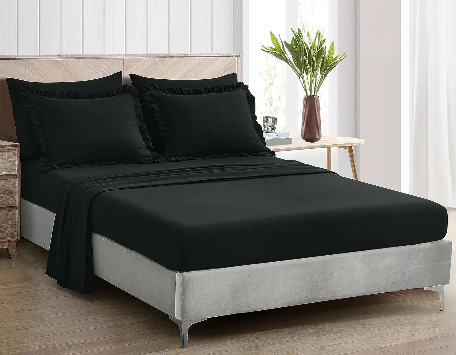 Chezmoi Collection Eleanora Twin Bed in a Bag 5-Pieces Ruffled Edge Trim Stone Washed Double Brushed Microfiber Comforter with Sheets Lightweight All Season Bedding Set (Twin, Black)