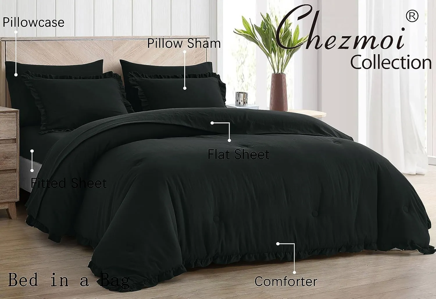 Chezmoi Collection Eleanora Twin Bed in a Bag 5-Pieces Ruffled Edge Trim Stone Washed Double Brushed Microfiber Comforter with Sheets Lightweight All Season Bedding Set (Twin, Black)