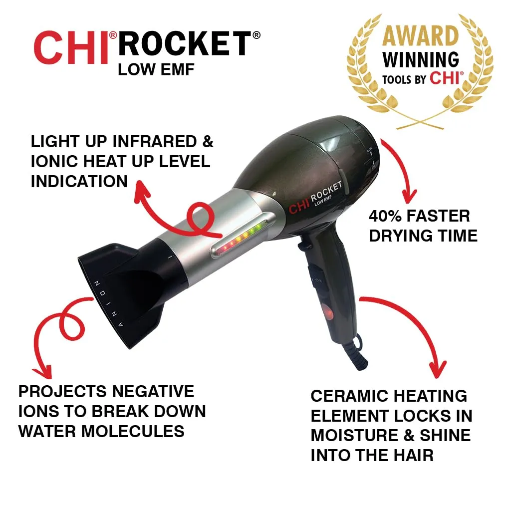 CHI Rocket Hair Dryer, Hair Dryer With Comb & Drying Nozzle Attachment, Quick-Drying For Shiny, Frizz-Free Hair, Lightweight & Low EMF