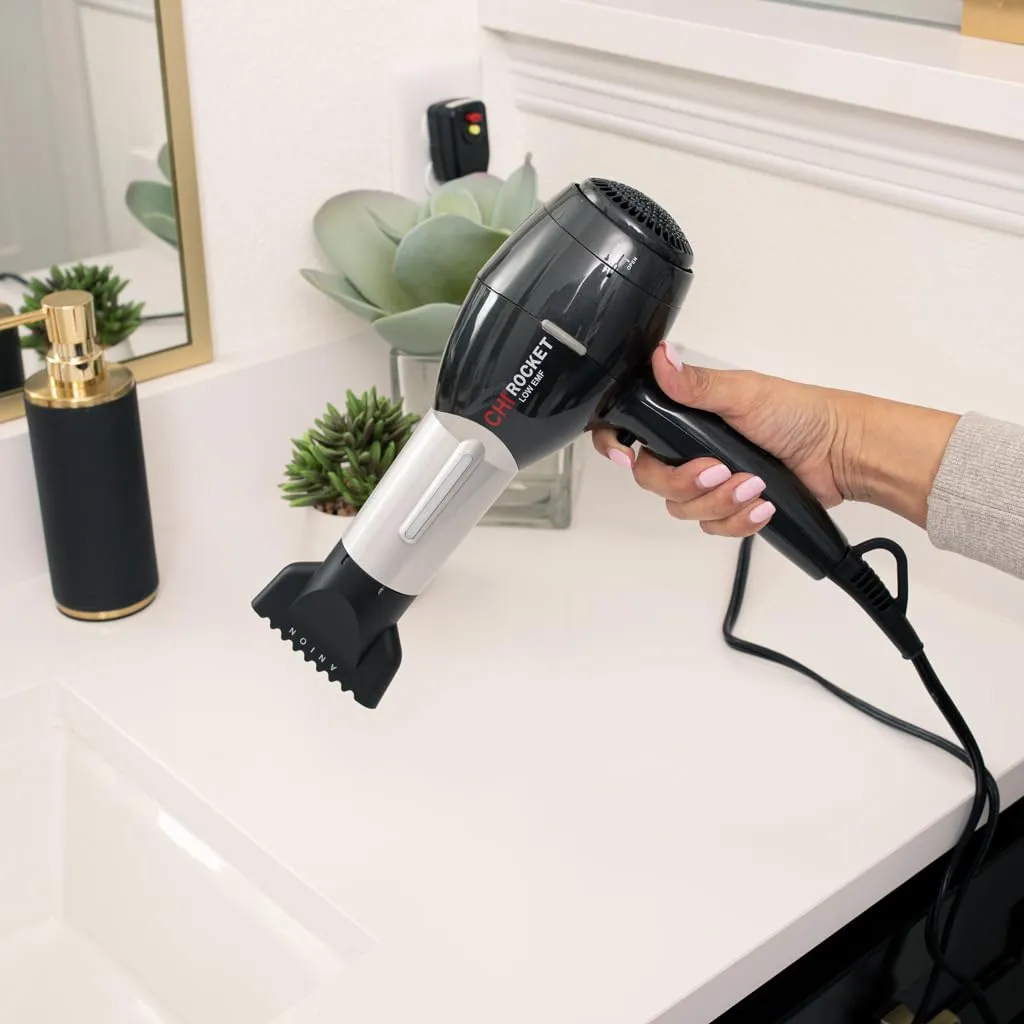 CHI Rocket Hair Dryer, Hair Dryer With Comb & Drying Nozzle Attachment, Quick-Drying For Shiny, Frizz-Free Hair, Lightweight & Low EMF