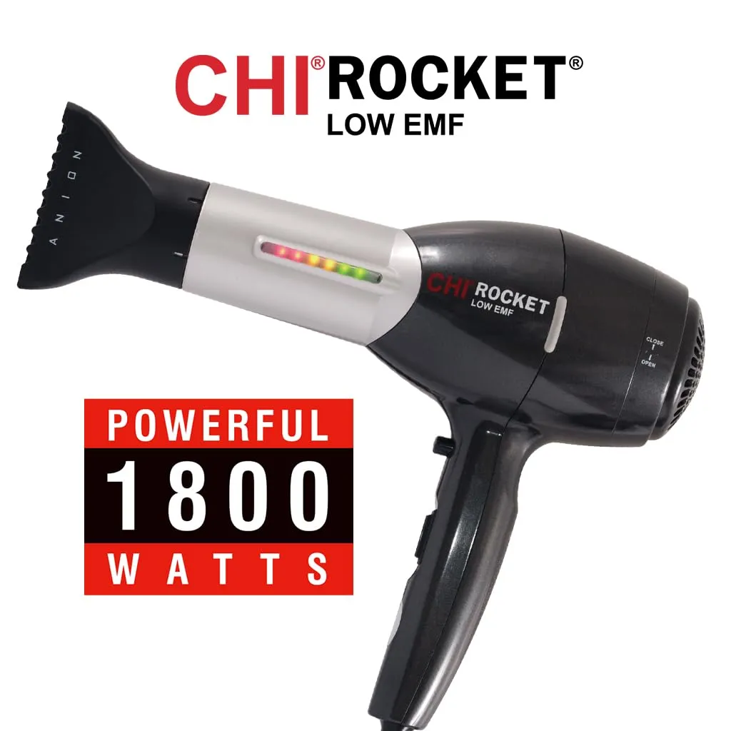 CHI Rocket Hair Dryer, Hair Dryer With Comb & Drying Nozzle Attachment, Quick-Drying For Shiny, Frizz-Free Hair, Lightweight & Low EMF