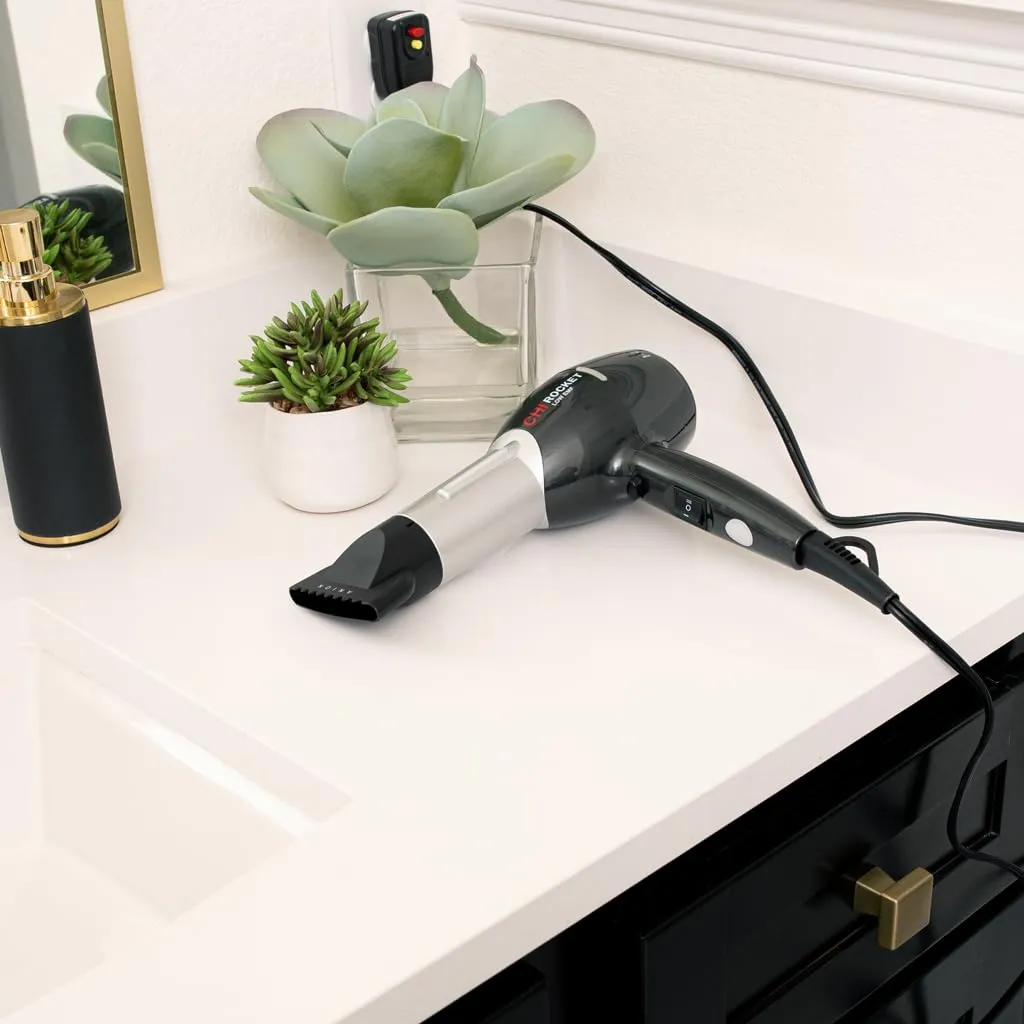 CHI Rocket Hair Dryer, Hair Dryer With Comb & Drying Nozzle Attachment, Quick-Drying For Shiny, Frizz-Free Hair, Lightweight & Low EMF