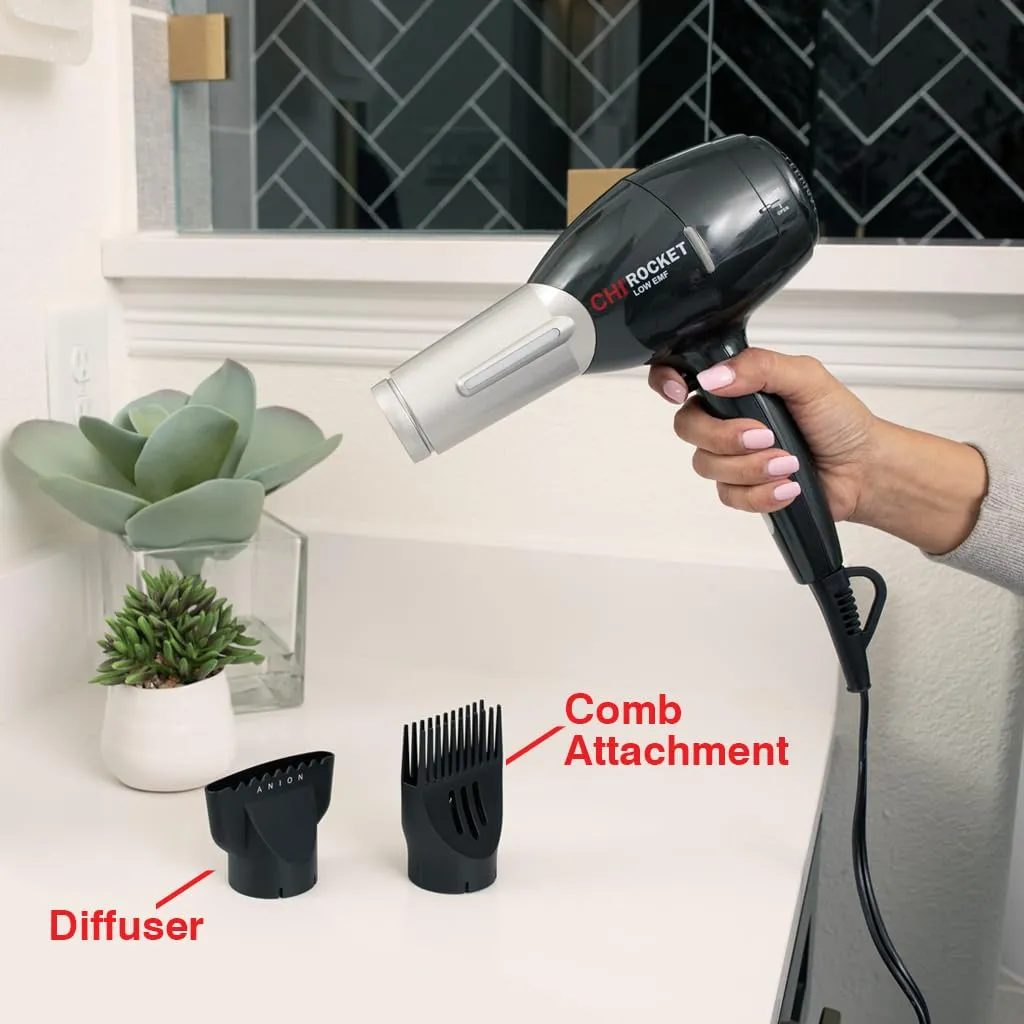 CHI Rocket Hair Dryer, Hair Dryer With Comb & Drying Nozzle Attachment, Quick-Drying For Shiny, Frizz-Free Hair, Lightweight & Low EMF