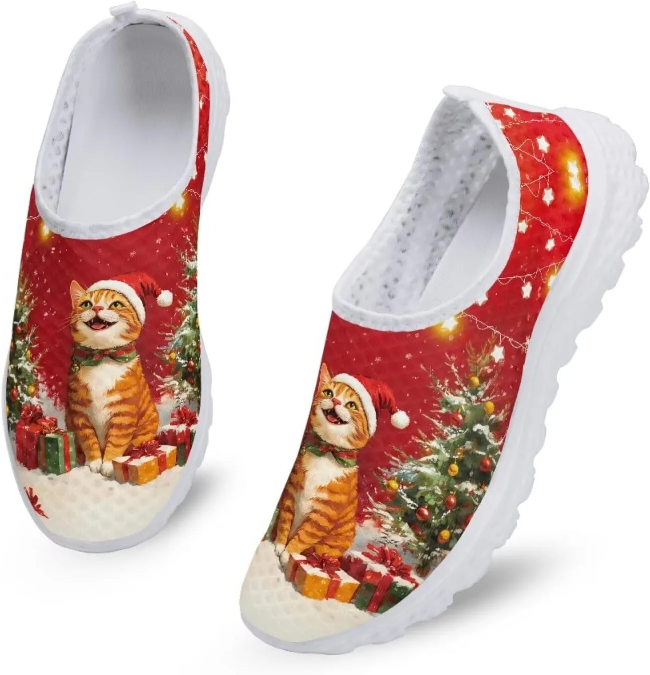 Christmas Roading Running Shoes Breathable Mesh Outdoor Walking Shoes Slip On Loafer Shoes Size 5.5-11.5