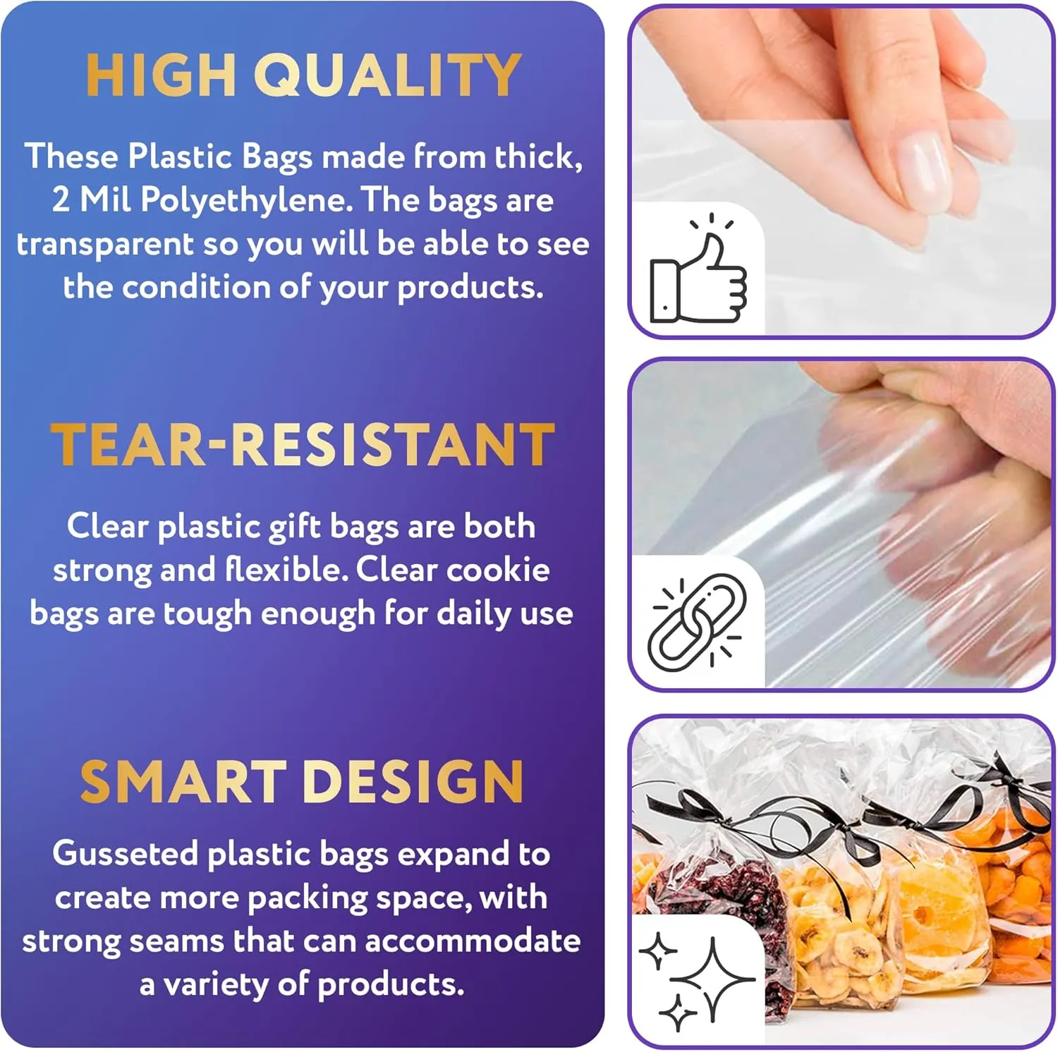 Clear Gusseted Poly Bags, 10 x 4 x 20 Inches. Pack of 100 Side Gusseted Plastic Bags with Open Top. Crystal Clear Baggies for Treats. Tear-Resistant 2 Mil Polyethylene Flat Bottom Bag