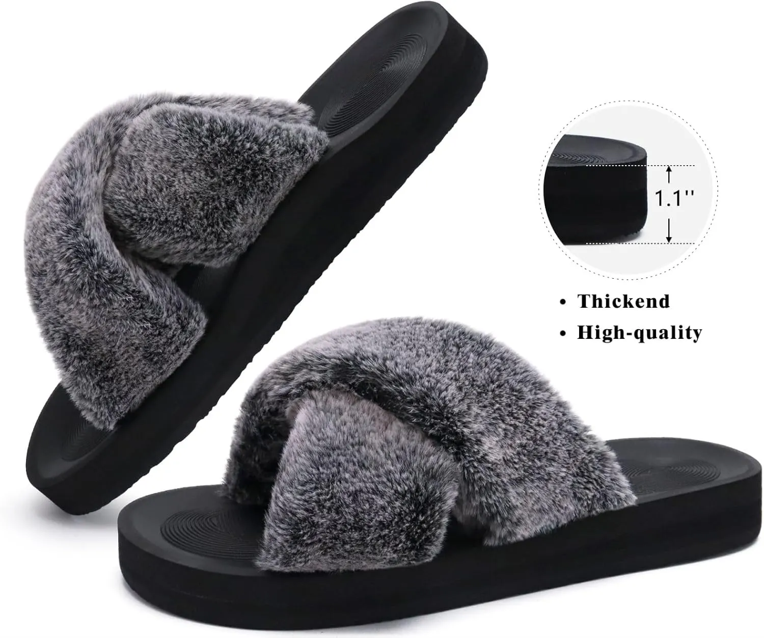 COFACE Womens Fuzzy Slides Fluff Faux Fur Cross Slippers Open Toe Yoga Mat House Slipper Sandals With Arch Support For Indoor/Outdoor