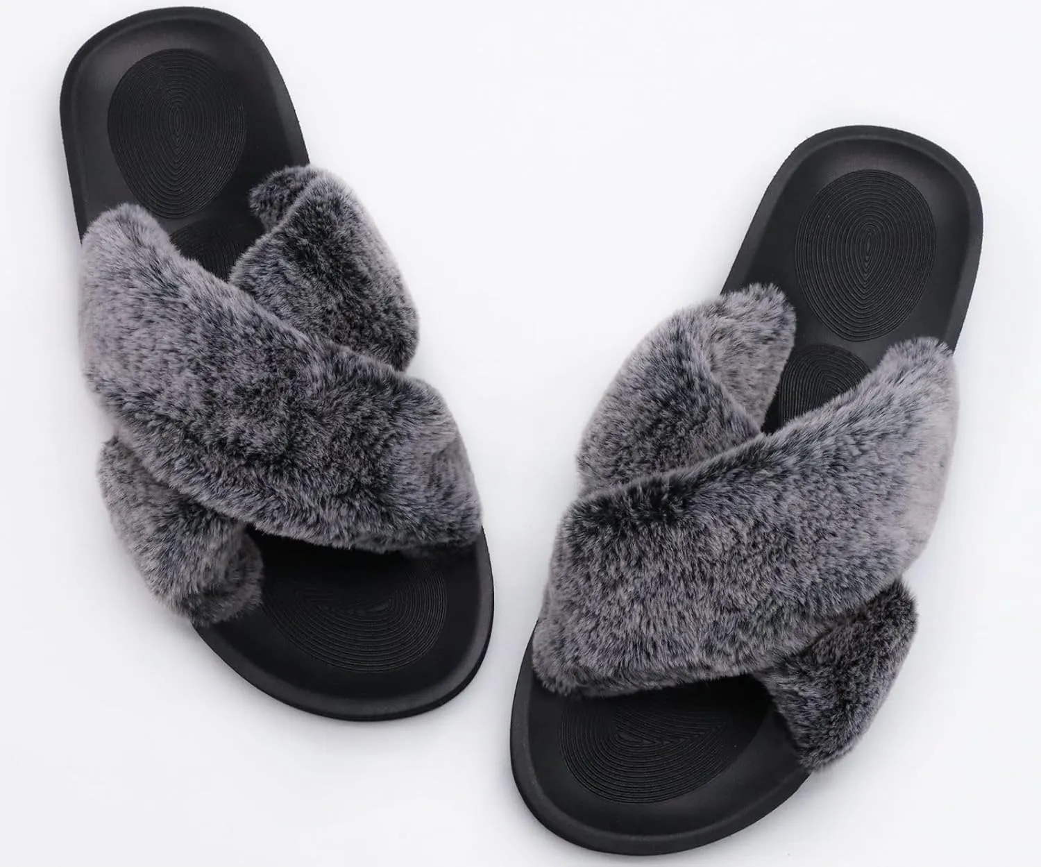 COFACE Womens Fuzzy Slides Fluff Faux Fur Cross Slippers Open Toe Yoga Mat House Slipper Sandals With Arch Support For Indoor/Outdoor