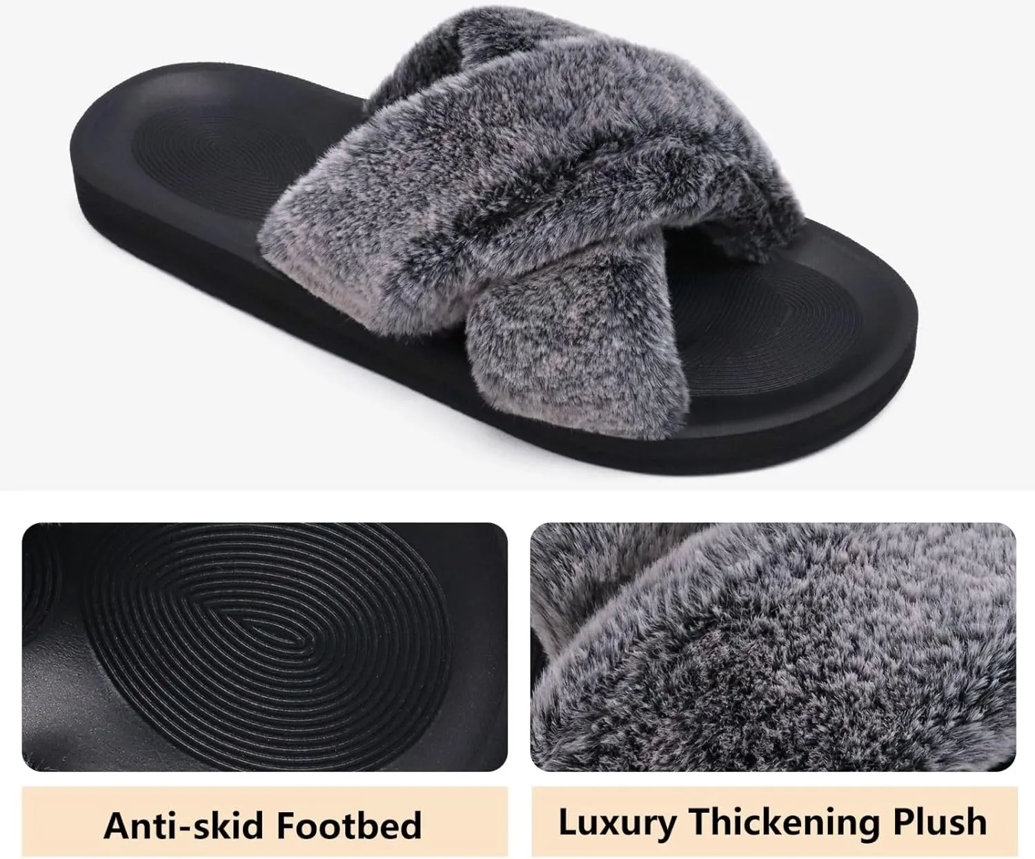 COFACE Womens Fuzzy Slides Fluff Faux Fur Cross Slippers Open Toe Yoga Mat House Slipper Sandals With Arch Support For Indoor/Outdoor