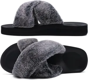 COFACE Womens Fuzzy Slides Fluff Faux Fur Cross Slippers Open Toe Yoga Mat House Slipper Sandals With Arch Support For Indoor/Outdoor