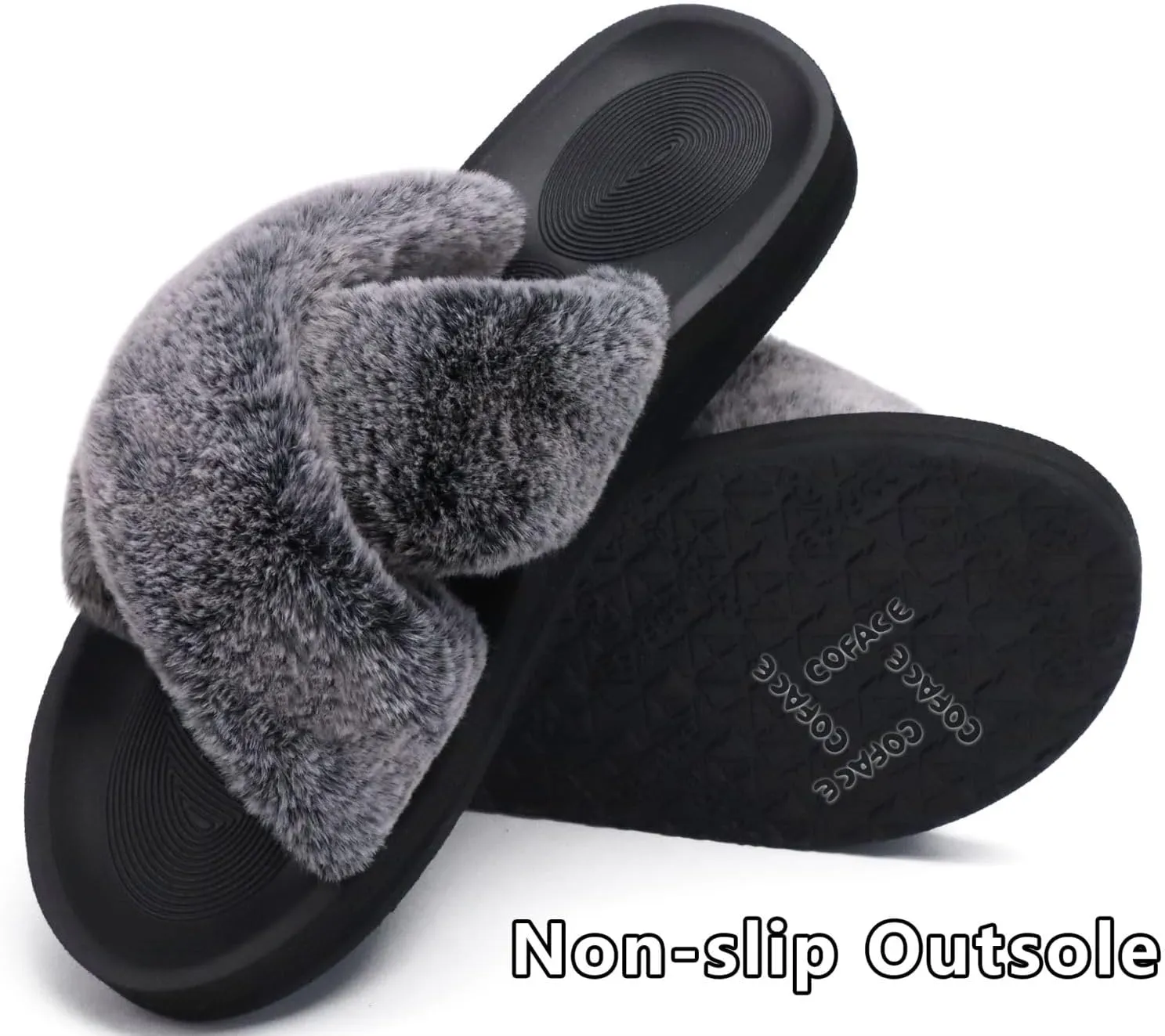 COFACE Womens Fuzzy Slides Fluff Faux Fur Cross Slippers Open Toe Yoga Mat House Slipper Sandals With Arch Support For Indoor/Outdoor