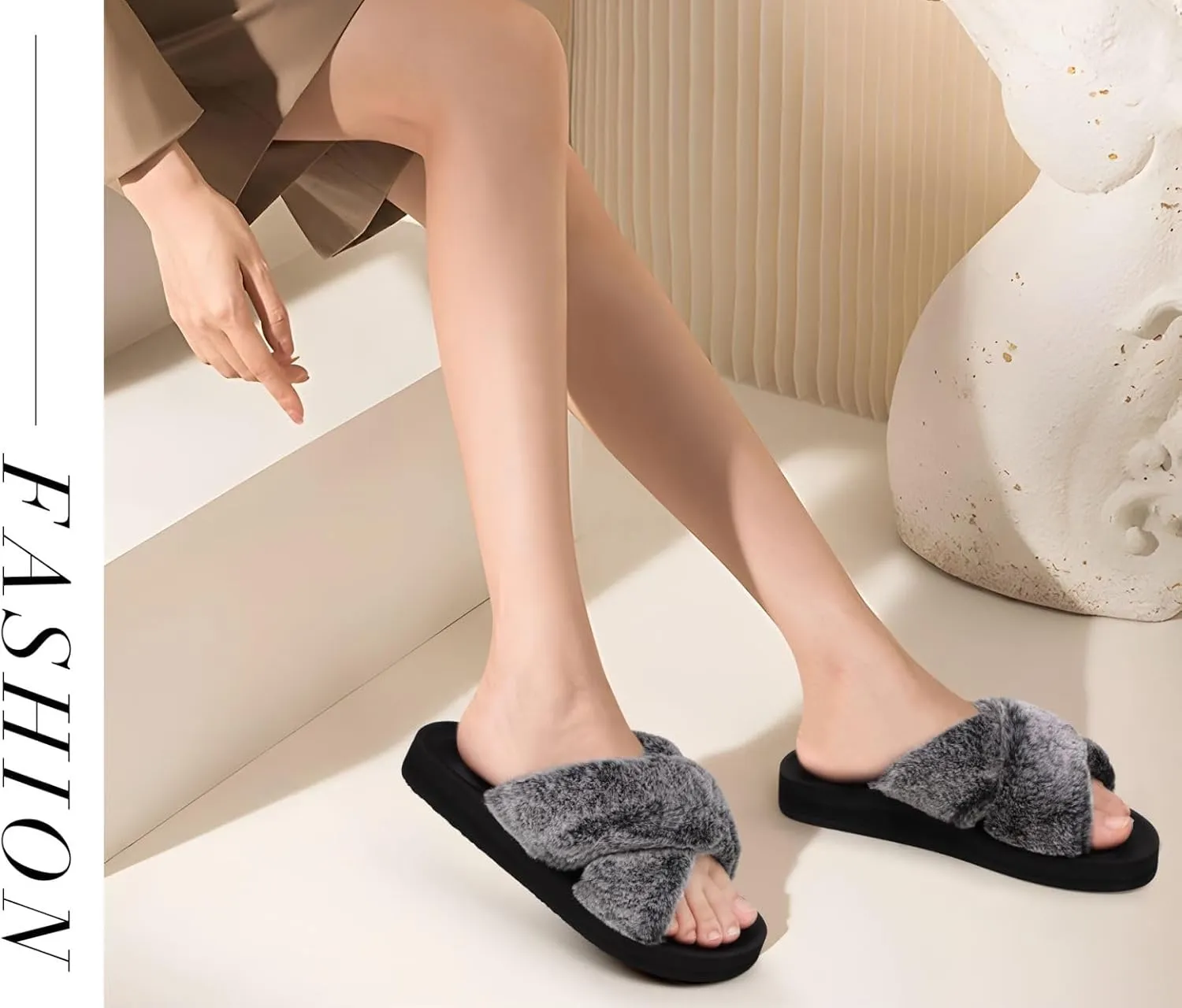 COFACE Womens Fuzzy Slides Fluff Faux Fur Cross Slippers Open Toe Yoga Mat House Slipper Sandals With Arch Support For Indoor/Outdoor