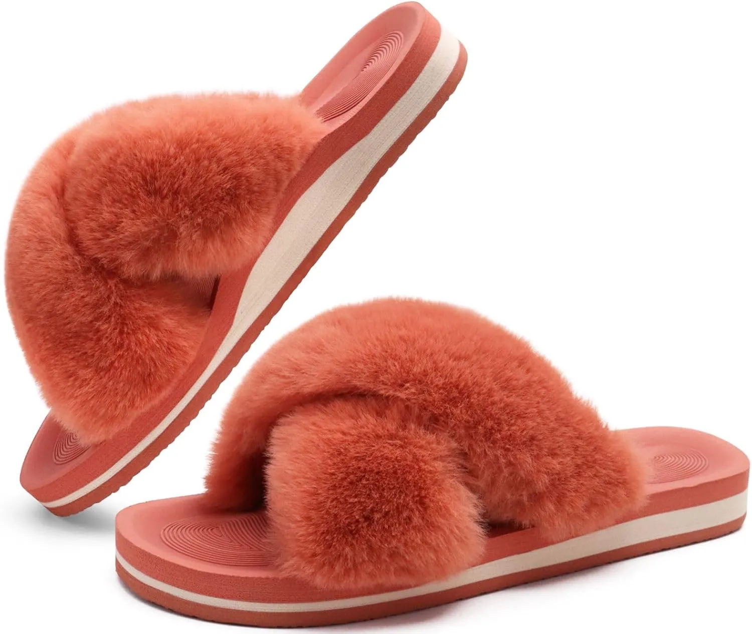 COFACE Womens Fuzzy Slides Fluff Faux Fur Cross Slippers Open Toe Yoga Mat House Slippers Sandals With Arch Support For Indoor/Outdoor