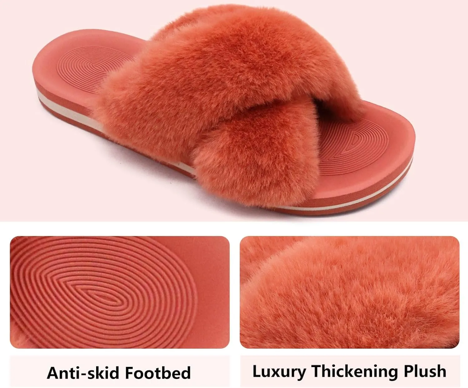COFACE Womens Fuzzy Slides Fluff Faux Fur Cross Slippers Open Toe Yoga Mat House Slippers Sandals With Arch Support For Indoor/Outdoor