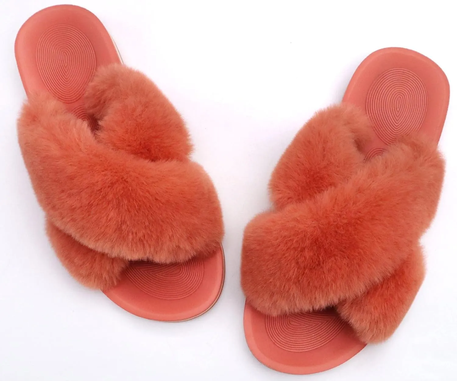 COFACE Womens Fuzzy Slides Fluff Faux Fur Cross Slippers Open Toe Yoga Mat House Slippers Sandals With Arch Support For Indoor/Outdoor