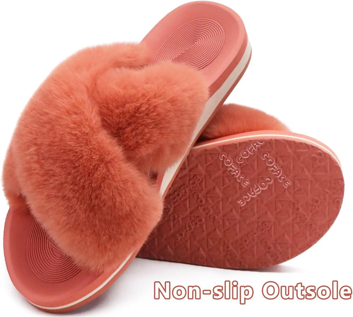 COFACE Womens Fuzzy Slides Fluff Faux Fur Cross Slippers Open Toe Yoga Mat House Slippers Sandals With Arch Support For Indoor/Outdoor
