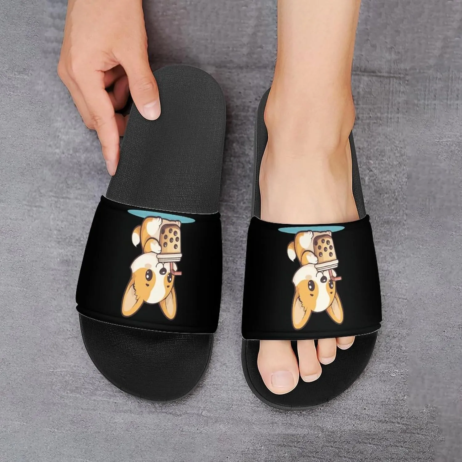 Corgi Dog Puppy Pearl Milk Tea Shower Sandals PVC Pillow Slippers Bath Slip On Home Shoes Non-Slip for Outdoor