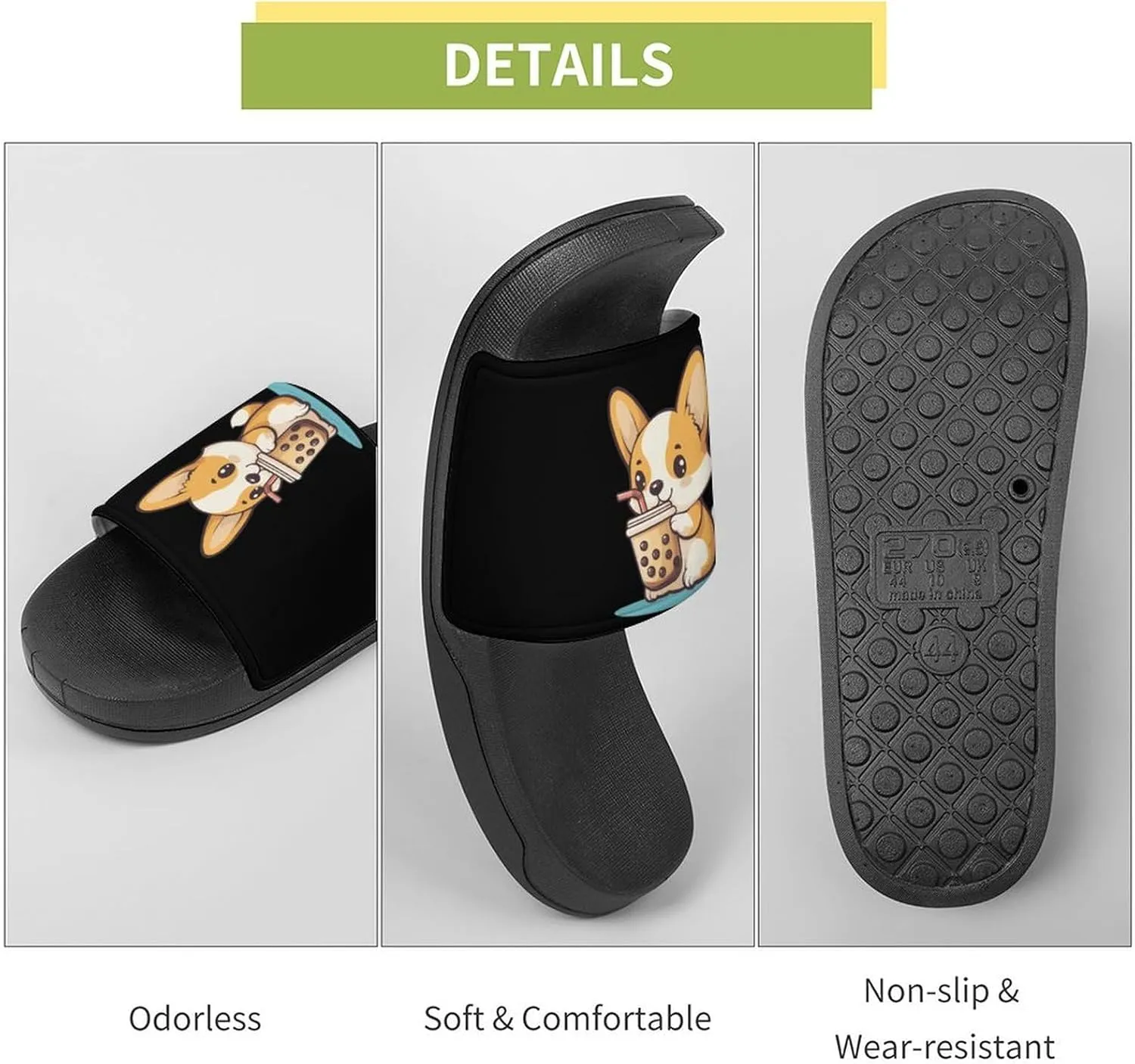 Corgi Dog Puppy Pearl Milk Tea Shower Sandals PVC Pillow Slippers Bath Slip On Home Shoes Non-Slip for Outdoor