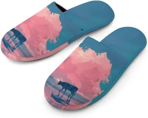 Cow Seaside Pink Clouds Women's Slipper Non Slip Comfortable Winter Warm Home House Shoes
