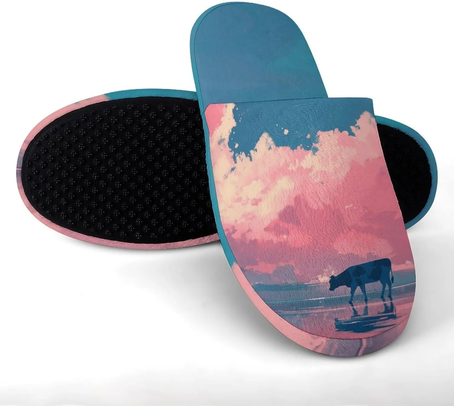 Cow Seaside Pink Clouds Women's Slipper Non Slip Comfortable Winter Warm Home House Shoes