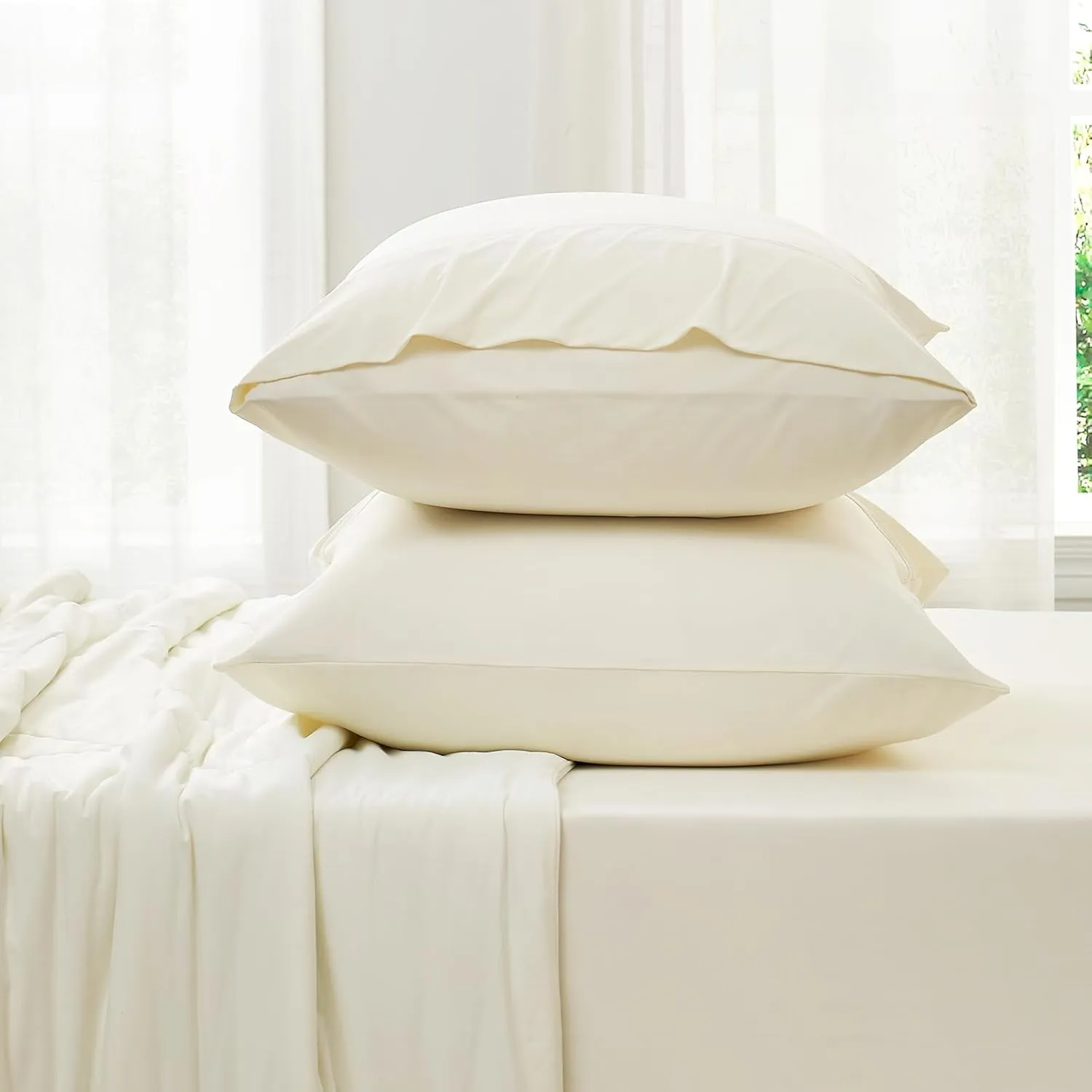 Cozy Bliss Cooling Fitted Sheet Queen Size with 2 Pillowcases,Breathable Sheet Set for Hot Sleeper and Night Sweats,Deep Pocket Up to 15 Inches,Stay Put for Mattress,Cream White