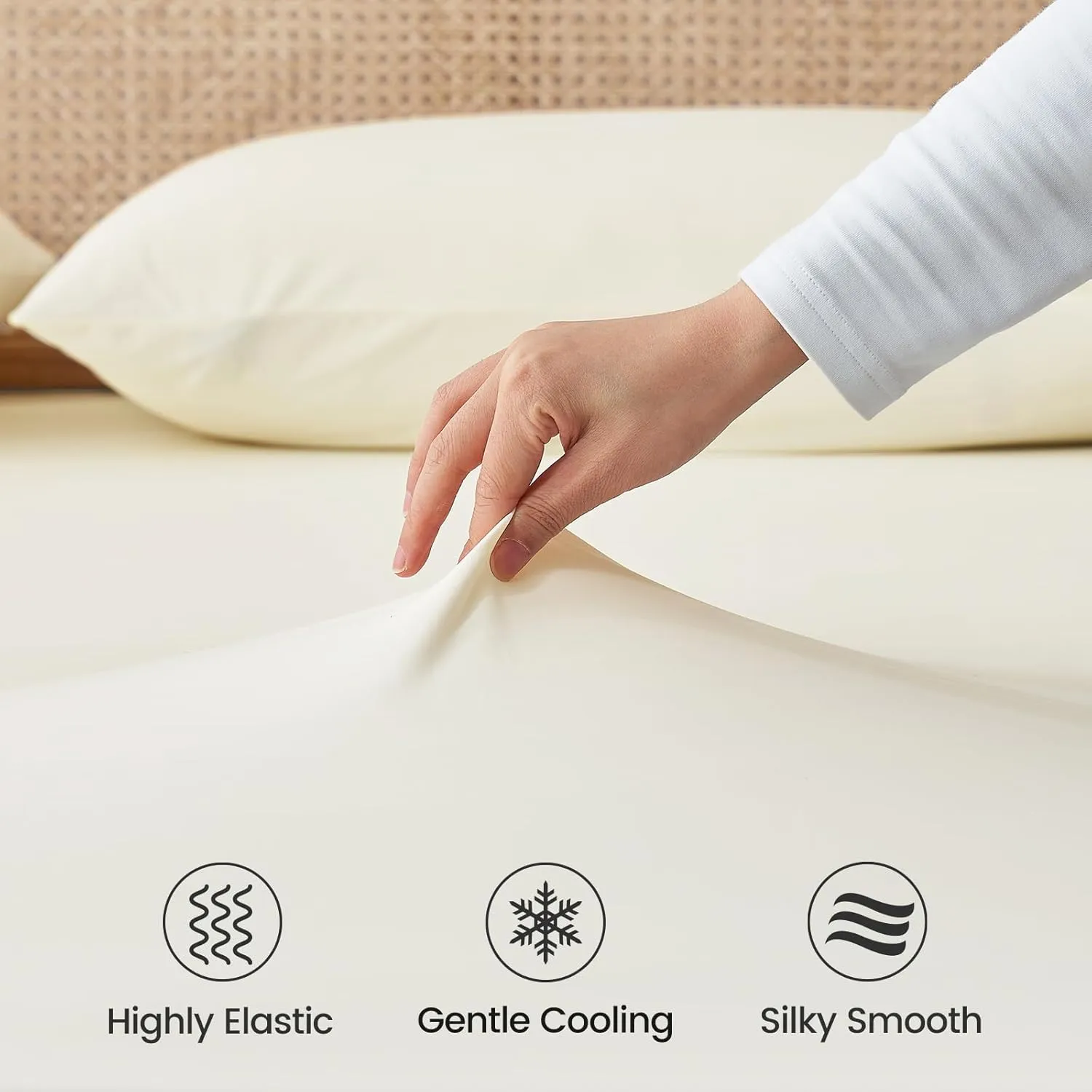 Cozy Bliss Cooling Fitted Sheet Queen Size with 2 Pillowcases,Breathable Sheet Set for Hot Sleeper and Night Sweats,Deep Pocket Up to 15 Inches,Stay Put for Mattress,Cream White