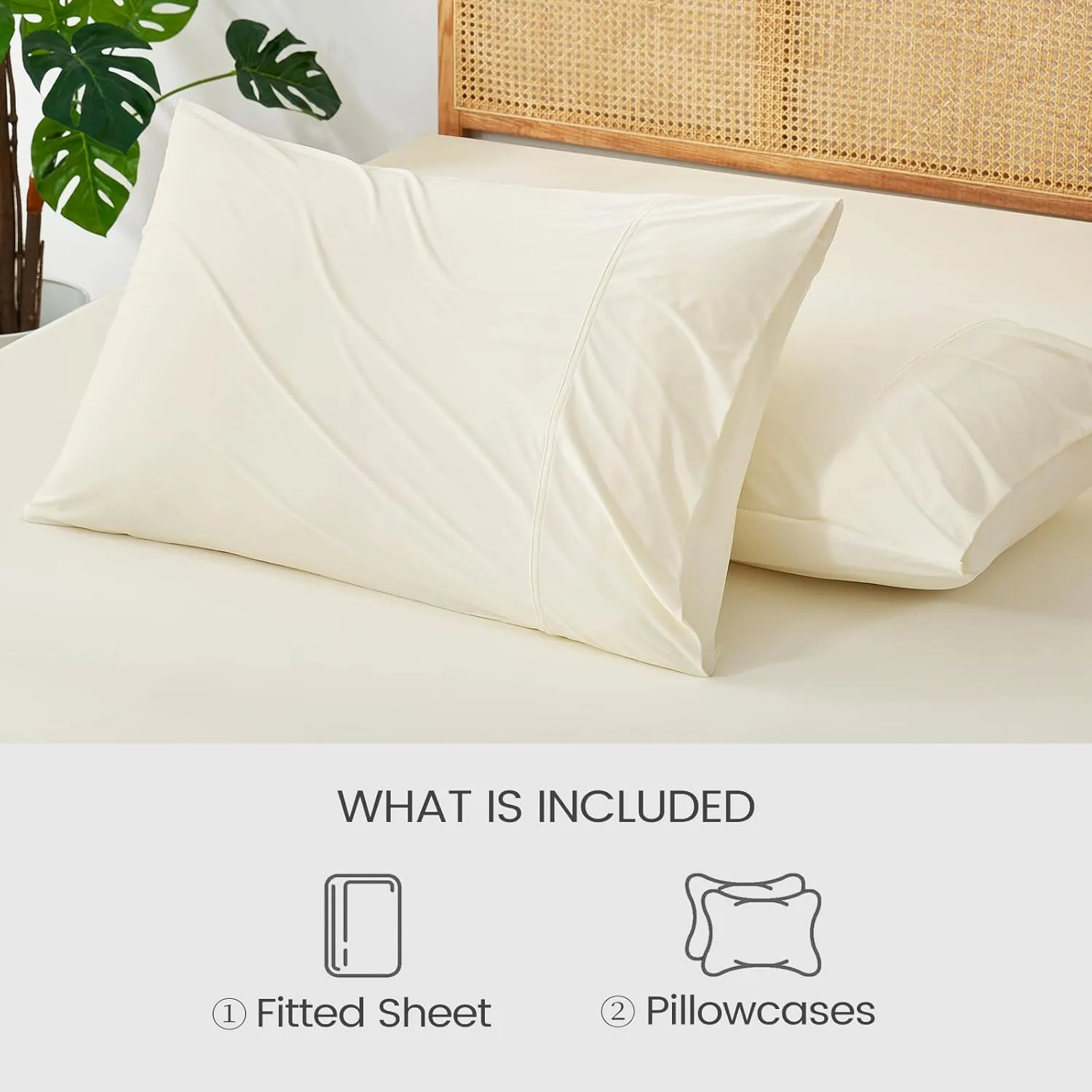 Cozy Bliss Cooling Fitted Sheet Queen Size with 2 Pillowcases,Breathable Sheet Set for Hot Sleeper and Night Sweats,Deep Pocket Up to 15 Inches,Stay Put for Mattress,Cream White