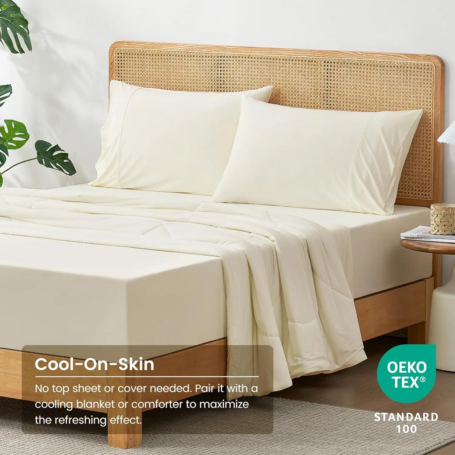 Cozy Bliss Cooling Fitted Sheet Queen Size with 2 Pillowcases,Breathable Sheet Set for Hot Sleeper and Night Sweats,Deep Pocket Up to 15 Inches,Stay Put for Mattress,Cream White