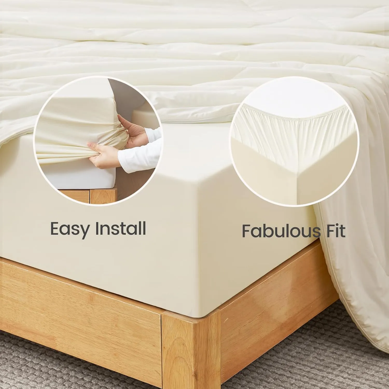 Cozy Bliss Cooling Fitted Sheet Queen Size with 2 Pillowcases,Breathable Sheet Set for Hot Sleeper and Night Sweats,Deep Pocket Up to 15 Inches,Stay Put for Mattress,Cream White