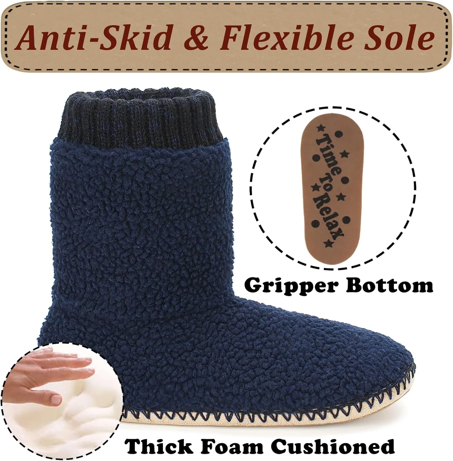Cozy Boot Slippers for Men Indoor, Fuzzy House Shoes with Non Slip Gripper Soles, Soft Warm Moccasin Socks, Winter Gifts for Christmas Unique
