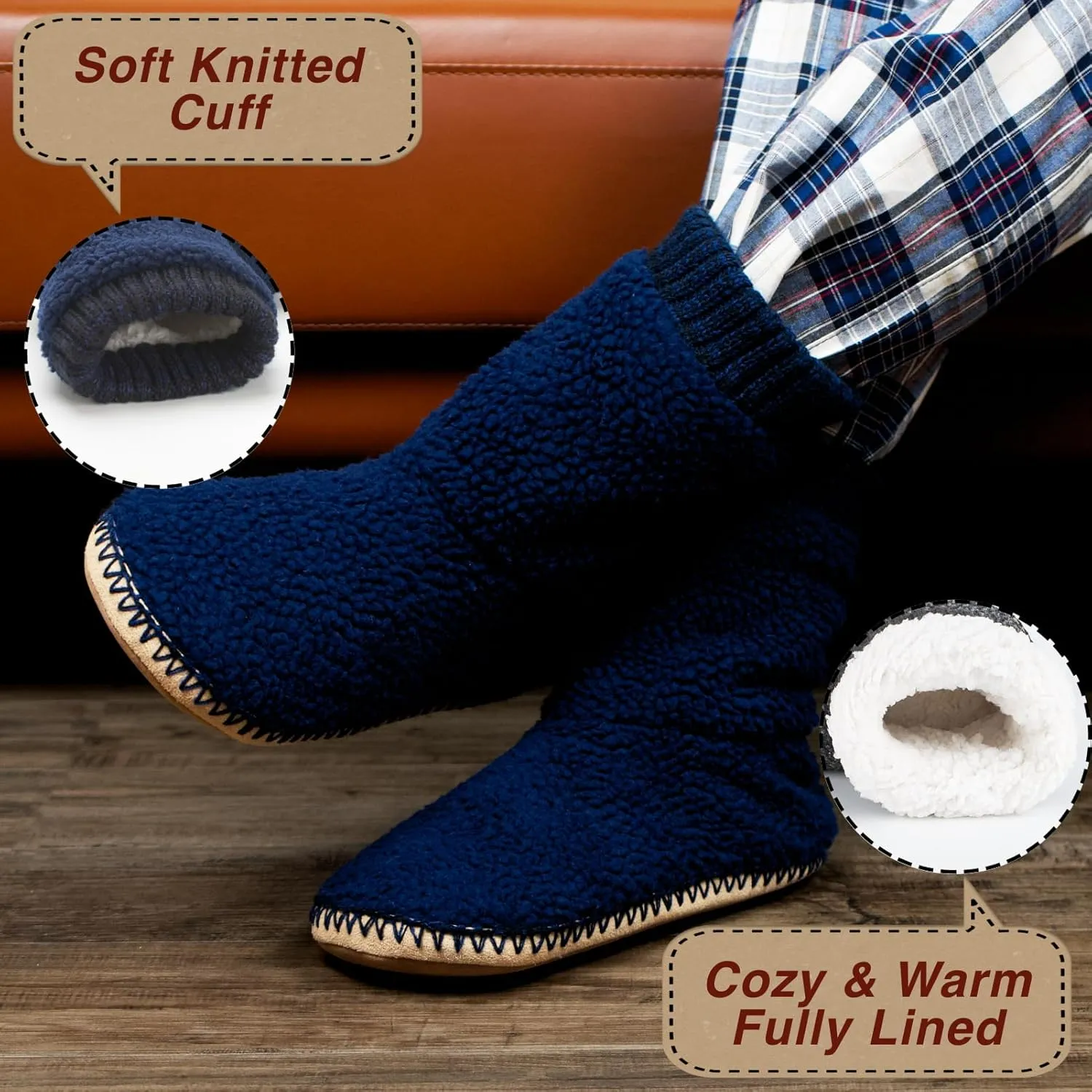 Cozy Boot Slippers for Men Indoor, Fuzzy House Shoes with Non Slip Gripper Soles, Soft Warm Moccasin Socks, Winter Gifts for Christmas Unique