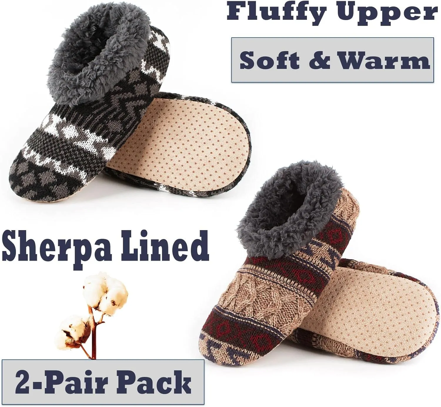 Cozylook 2-Pack Men's Soft Sole Slippers, Cozy Fuzzy Sock Shoes with Non-Slip Grippers, Unique Gifts