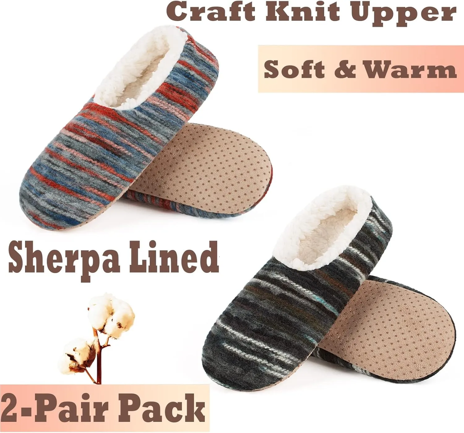 Cozylook 2-Pair Women's Soft Sole Slipper Socks with Grippers, Thick Warm Cozy Sherpa Lined Home Socks Set, Cable Knitted Non-slip Fluffy Winter House Bedroom Slippers