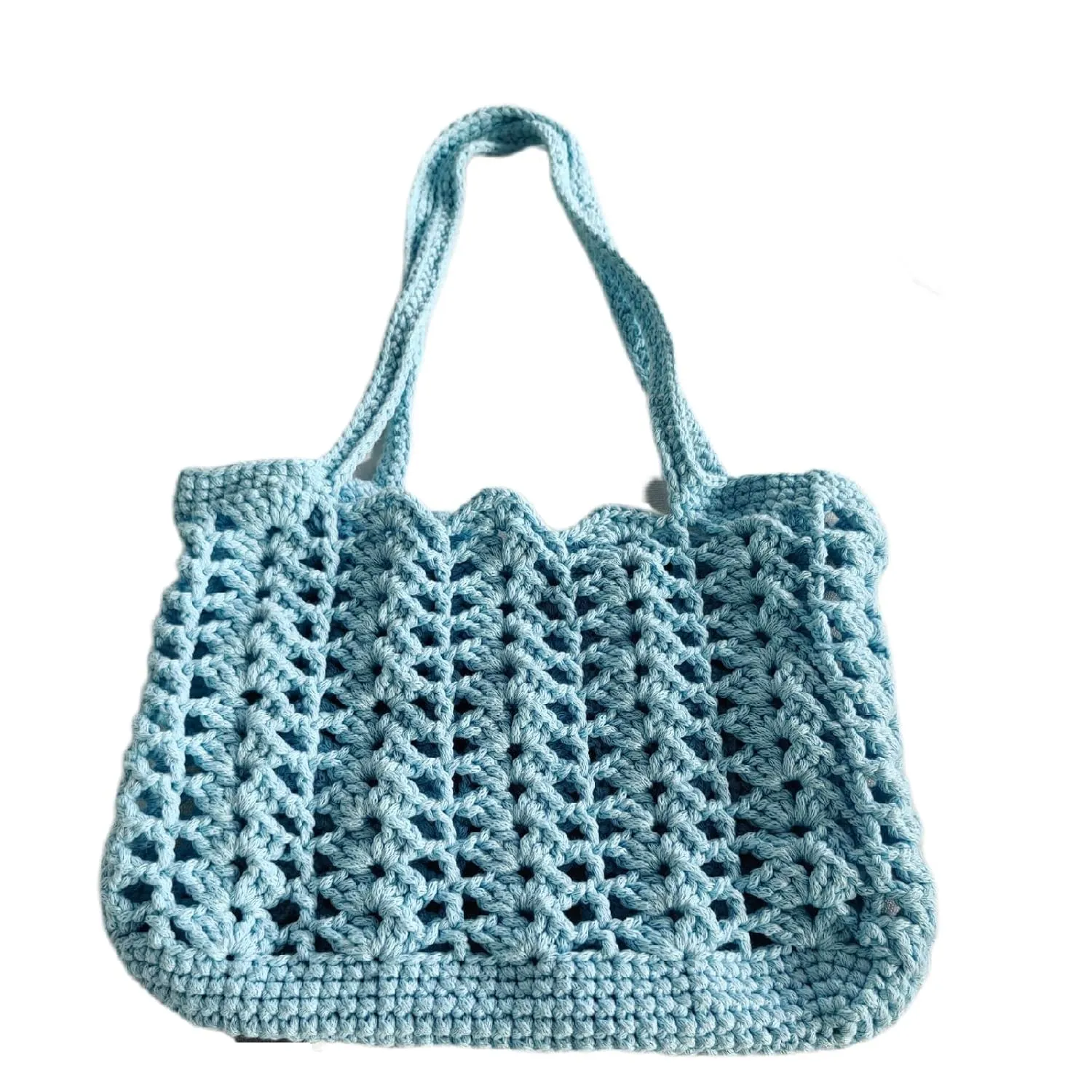 Crochet Openwork Shoulder Bag - Lightweight & Breathable, 3mm Round Yarn, Approx. 12.2" x 10.2" (31x26cm) - Sky Blue