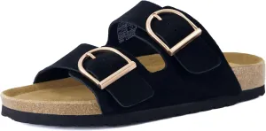 CUSHIONAIRE Legacy Cork Footbed Sandals for Women – Leather Double Strap Slides with Adjustable Buckles   Memory Foam