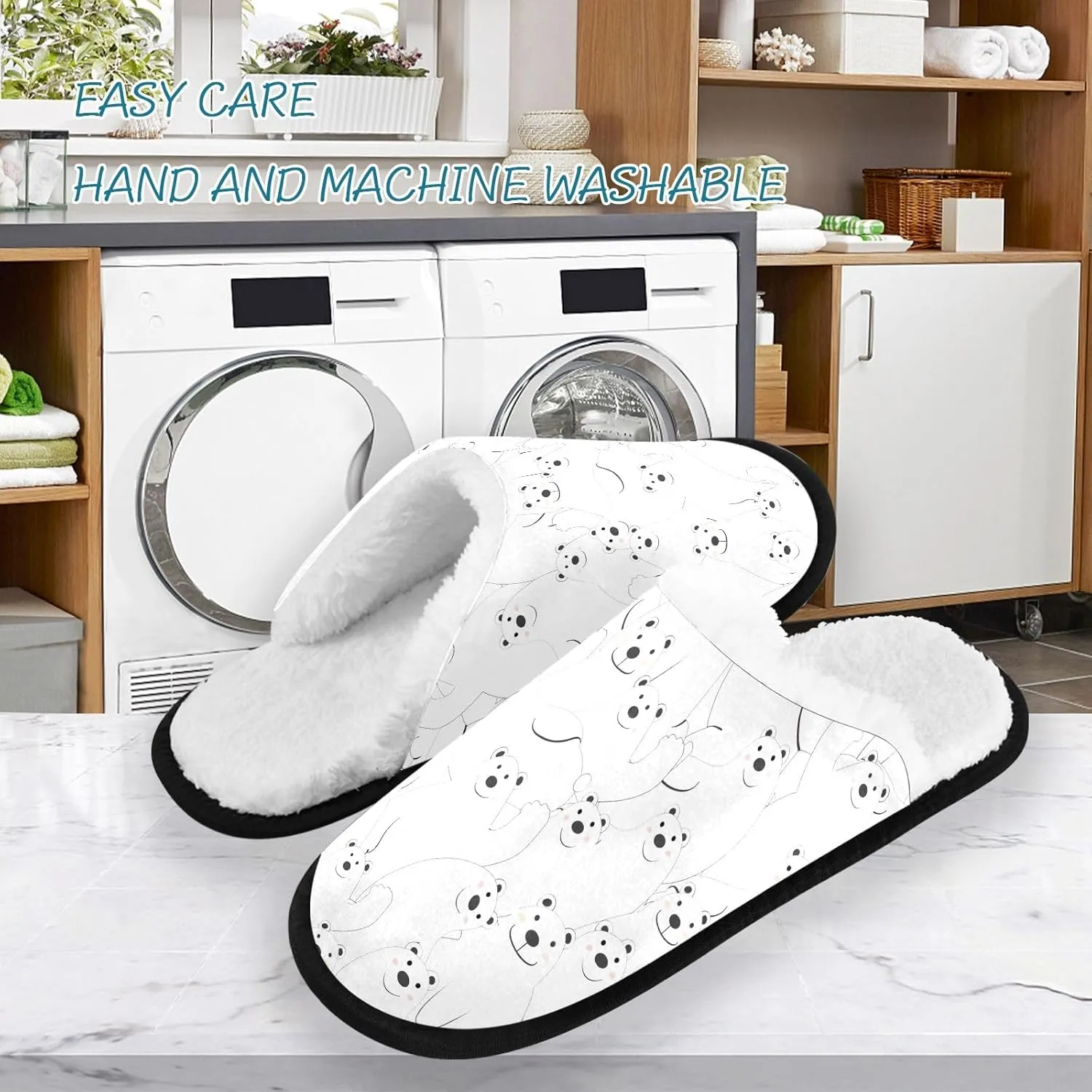 Cute Bears White Slippers Spa, Soft Guest Slippers Men Travel Slipper Size 9 to 12