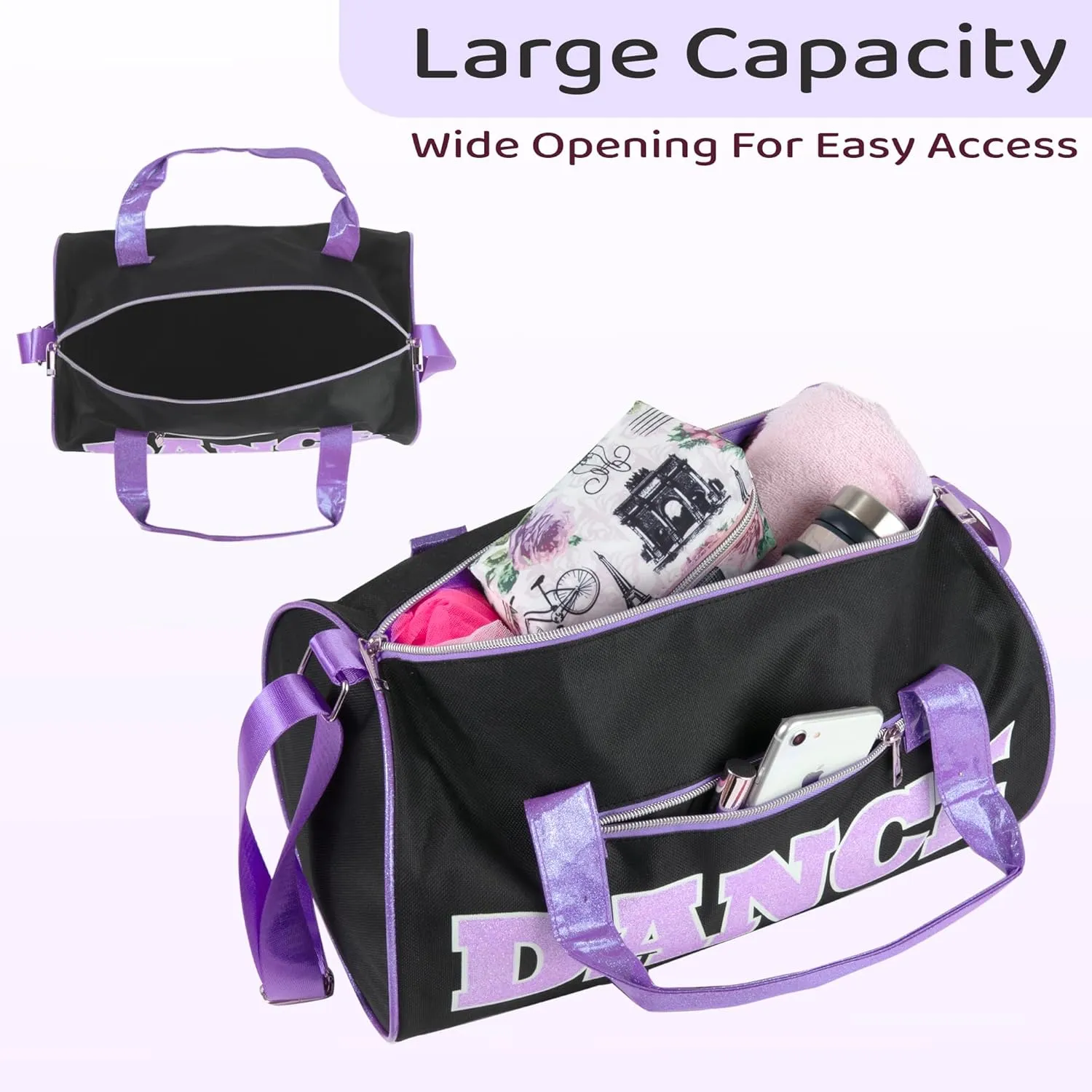 Dance Duffle Bags for Dancers, Girls, Teens, and Student Athletes, Fun Dance Workout Duffel Bag for Girls and Boys (Black/Purple)