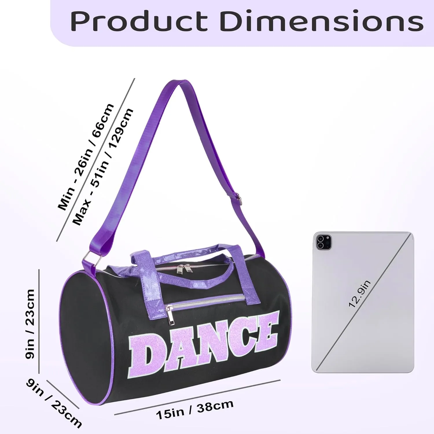 Dance Duffle Bags for Dancers, Girls, Teens, and Student Athletes, Fun Dance Workout Duffel Bag for Girls and Boys (Black/Purple)