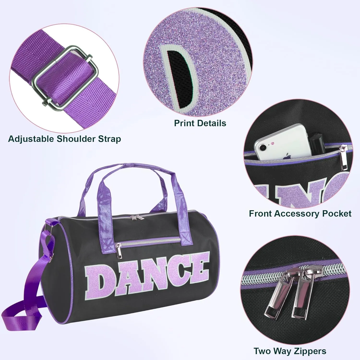 Dance Duffle Bags for Dancers, Girls, Teens, and Student Athletes, Fun Dance Workout Duffel Bag for Girls and Boys (Black/Purple)