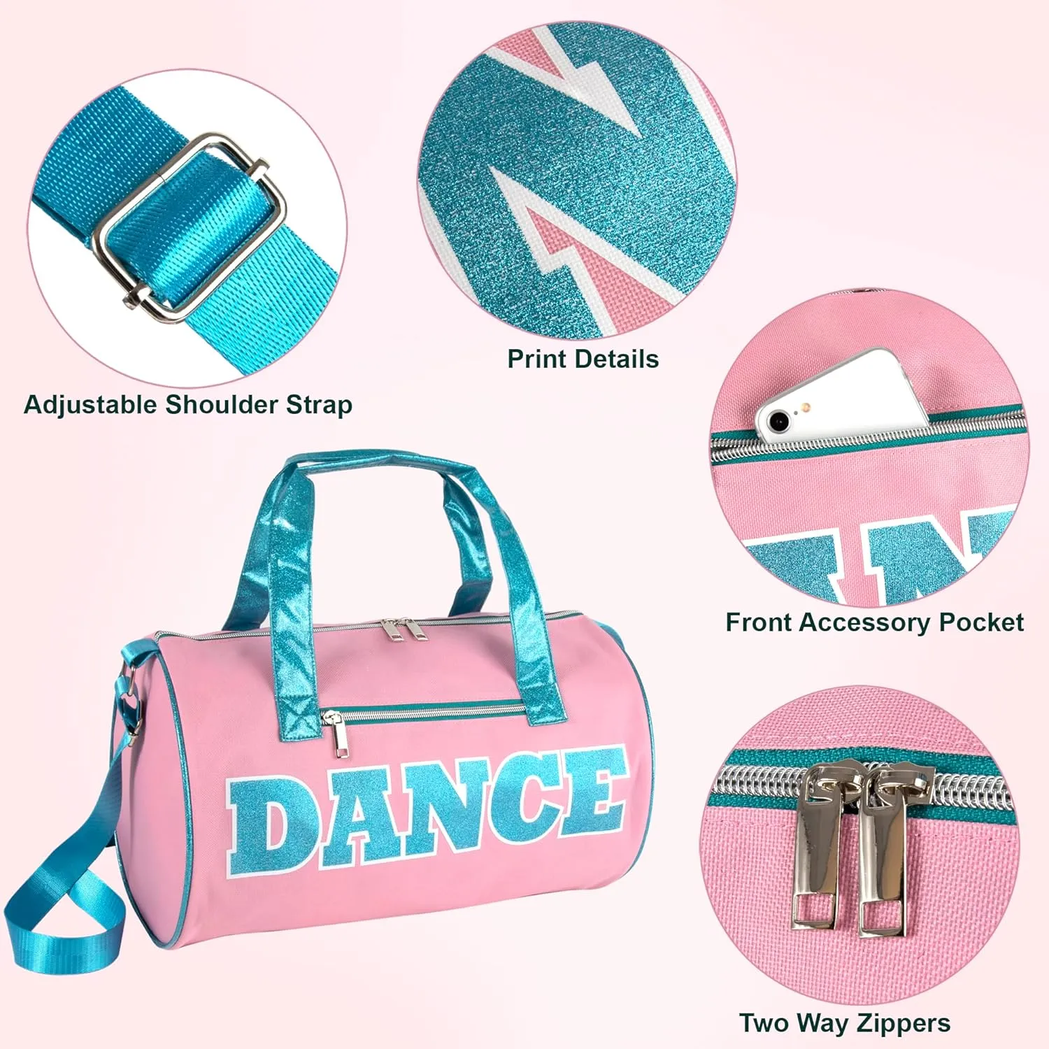 Dance Duffle Bags for Dancers, Girls, Teens, and Student Athletes, Fun Dance Workout Duffel Bag for Girls and Boys (Pink/Blue)