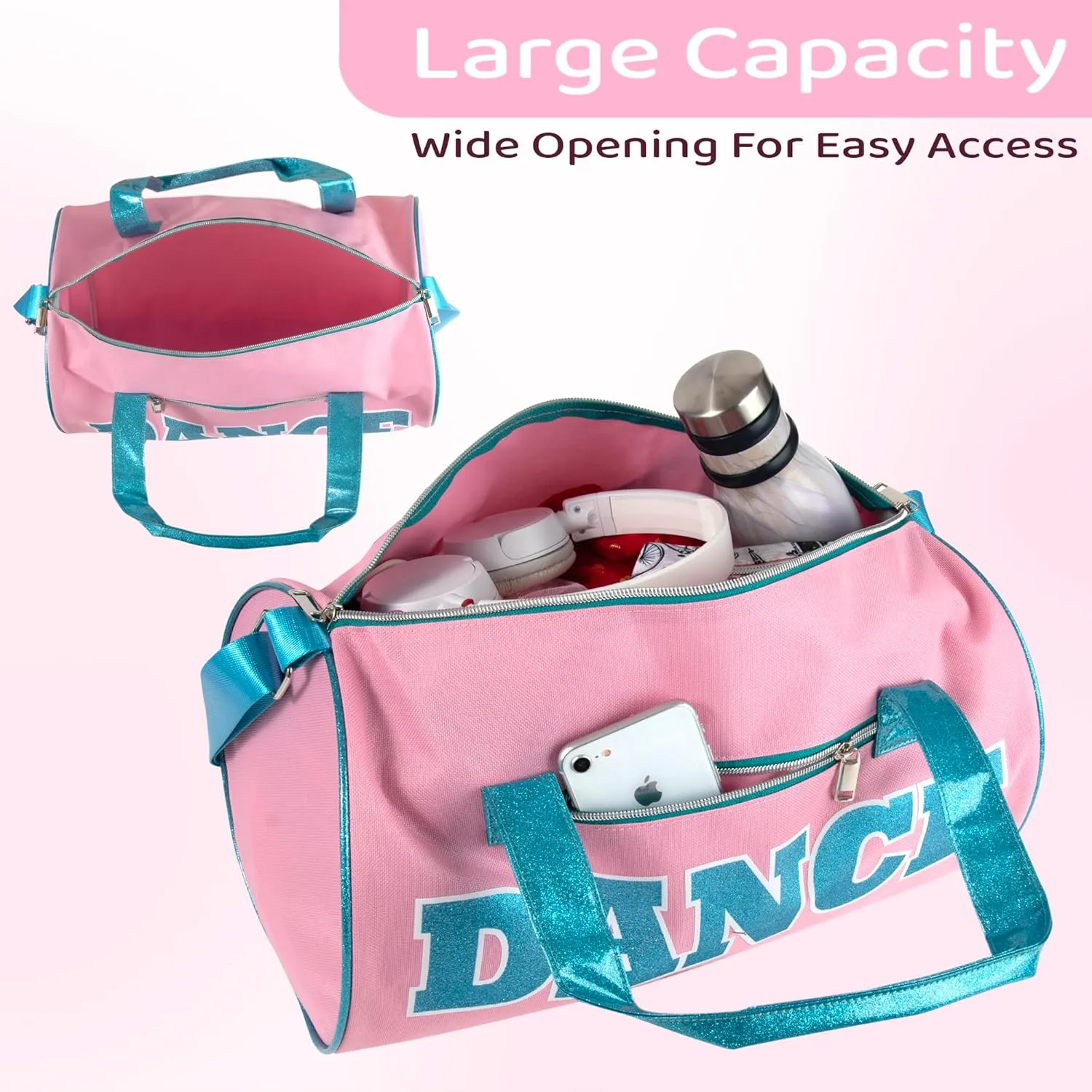 Dance Duffle Bags for Dancers, Girls, Teens, and Student Athletes, Fun Dance Workout Duffel Bag for Girls and Boys (Pink/Blue)