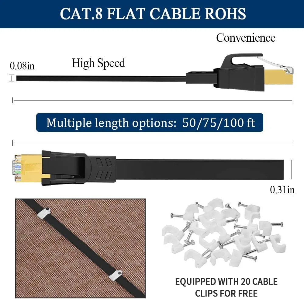 DEEGO Cat 8 Ethernet Cable 75 ft, High Speed 40Gbps 2000MHz Flat Gigabit Internet Cable Shielded with Gold Plated RJ45 Connector, U/FTP 30AWG Long LAN Cable Fit PS4, PS5, Router, Modem, Gaming - Black
