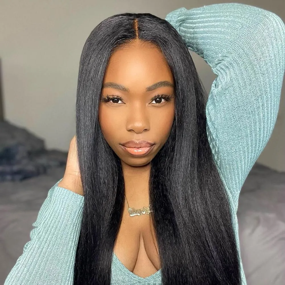 Domiso 22 Inch Wear and Go Glueless Wig Kinky Straight Lace Pre Cut 7x5 Lace Front Wigs Human Hair for Women Glueless Wig with Elastic Band Natural Hairline 200% Density Yaki Hair Natural Black