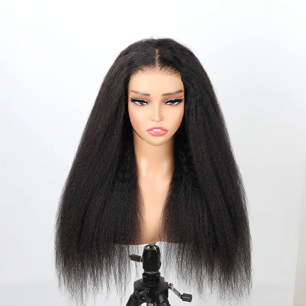 Domiso 22 Inch Wear and Go Glueless Wig Kinky Straight Lace Pre Cut 7x5 Lace Front Wigs Human Hair for Women Glueless Wig with Elastic Band Natural Hairline 200% Density Yaki Hair Natural Black