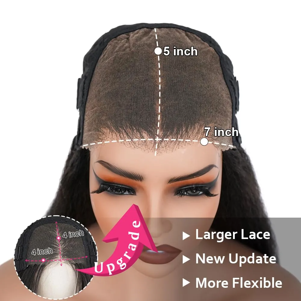 Domiso 22 Inch Wear and Go Glueless Wig Kinky Straight Lace Pre Cut 7x5 Lace Front Wigs Human Hair for Women Glueless Wig with Elastic Band Natural Hairline 200% Density Yaki Hair Natural Black