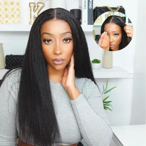 Domiso 22 Inch Wear and Go Glueless Wig Kinky Straight Lace Pre Cut 7x5 Lace Front Wigs Human Hair for Women Glueless Wig with Elastic Band Natural Hairline 200% Density Yaki Hair Natural Black