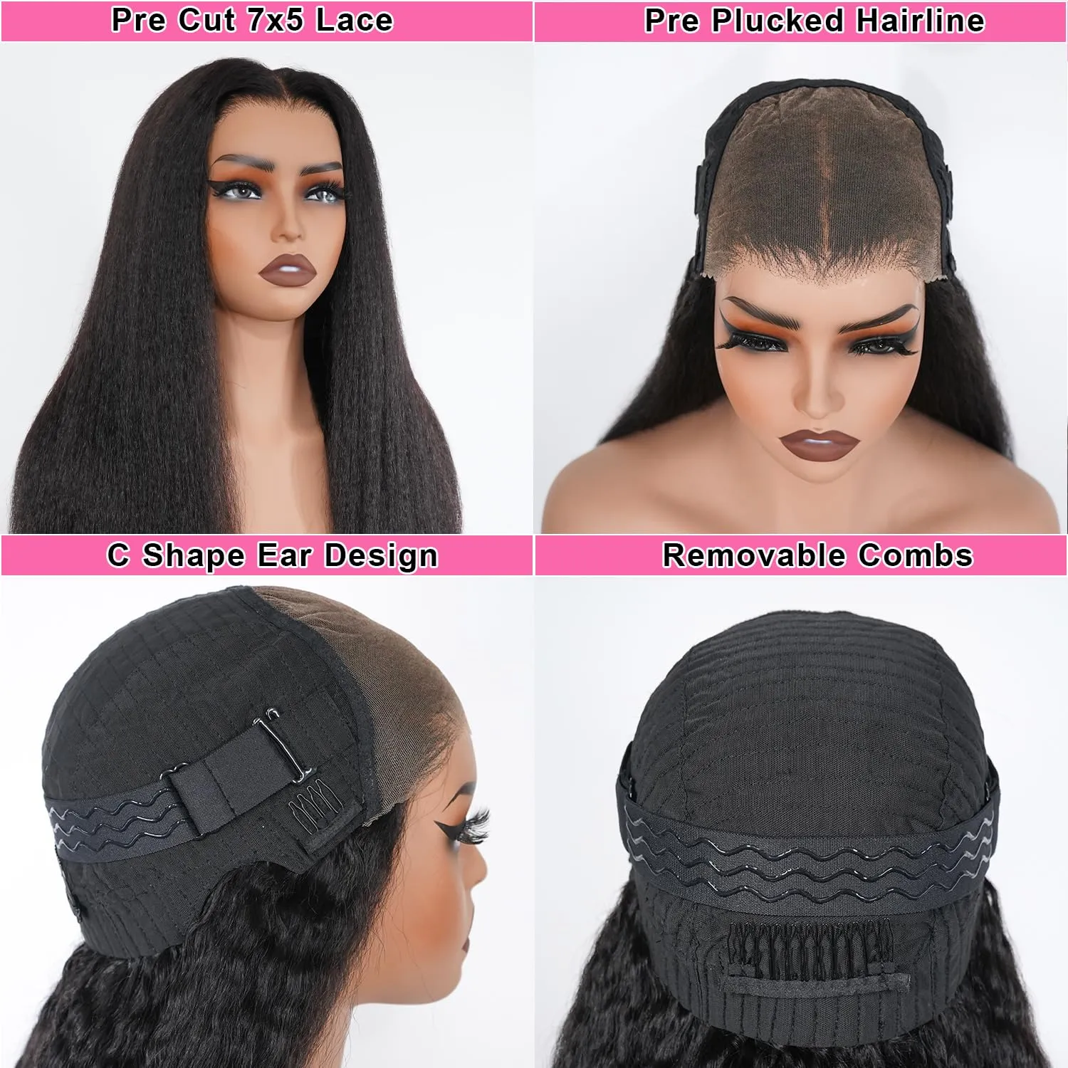Domiso 22 Inch Wear and Go Glueless Wig Kinky Straight Lace Pre Cut 7x5 Lace Front Wigs Human Hair for Women Glueless Wig with Elastic Band Natural Hairline 200% Density Yaki Hair Natural Black
