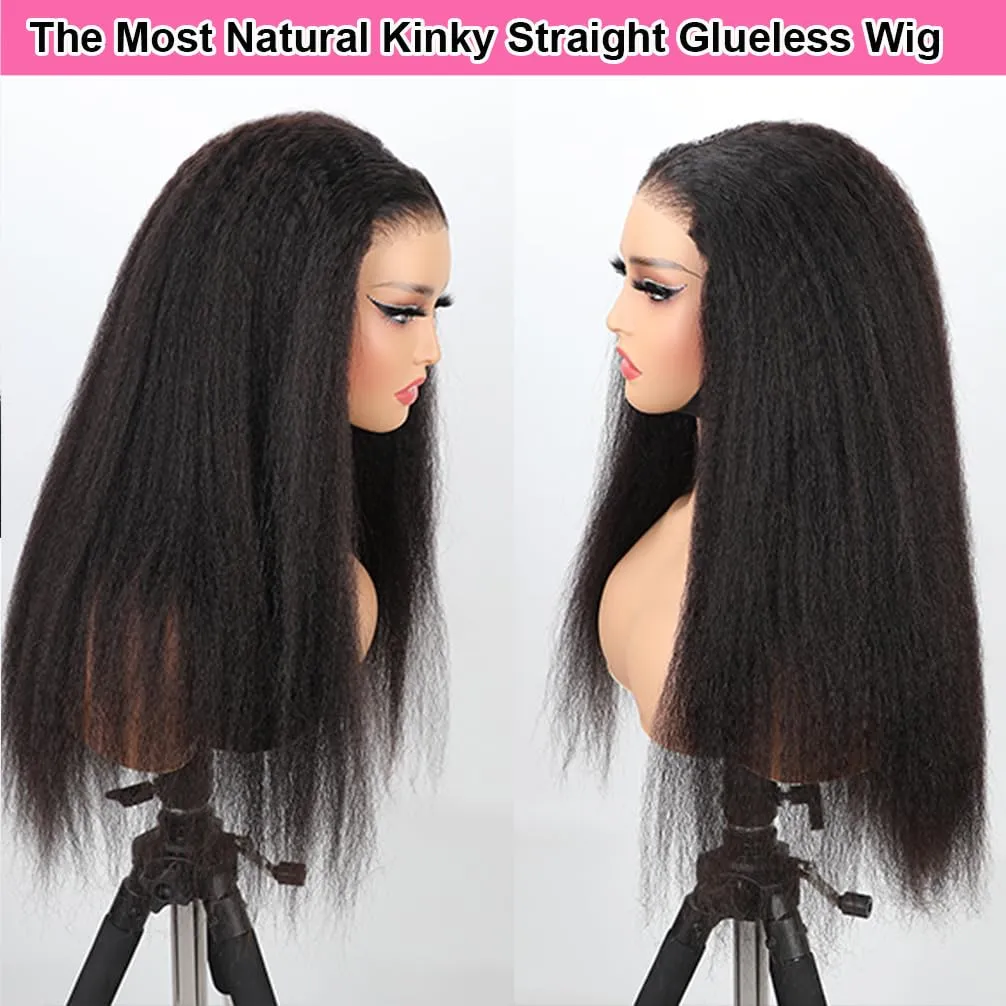 Domiso 22 Inch Wear and Go Glueless Wig Kinky Straight Lace Pre Cut 7x5 Lace Front Wigs Human Hair for Women Glueless Wig with Elastic Band Natural Hairline 200% Density Yaki Hair Natural Black